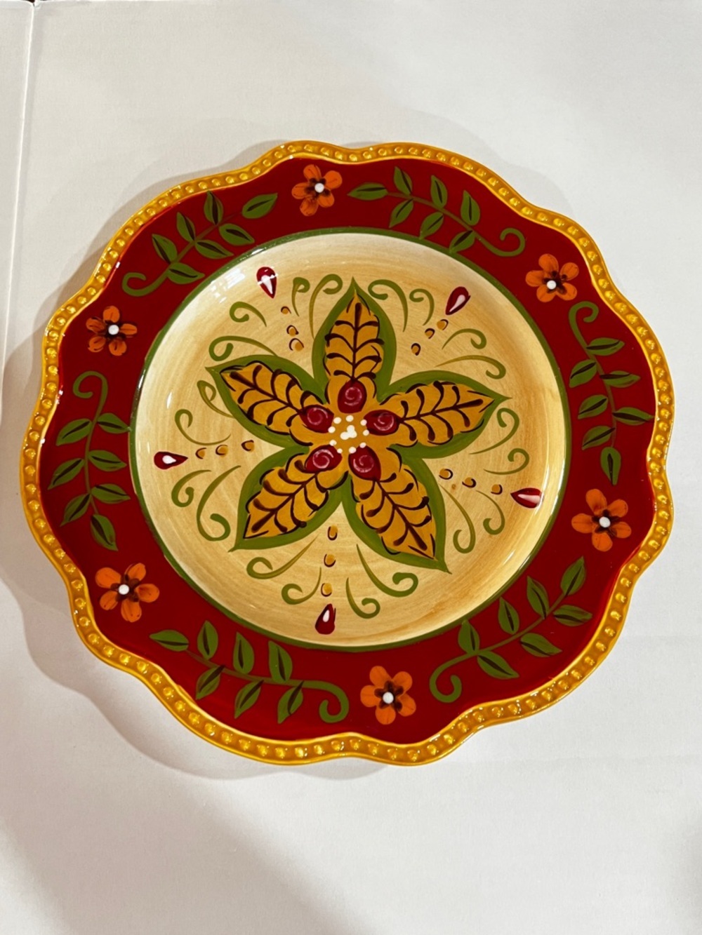 Pier 1 Juliana salad plate hand painted floral gold red scalloped edge